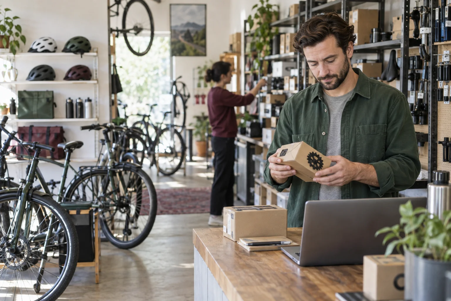Ilustración generada con IA de un comerciante de bicicletas inspeccionando un componente en su caja junto a un portátil en una tienda independiente.