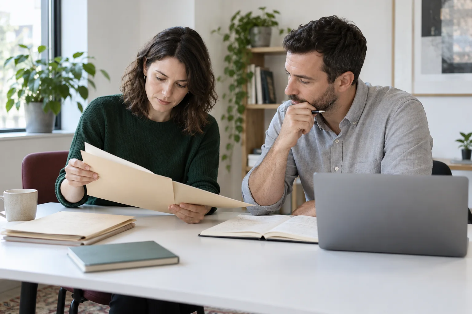 AI-generated illustrative photograph of two consultants reviewing proposal folders in a small studio.