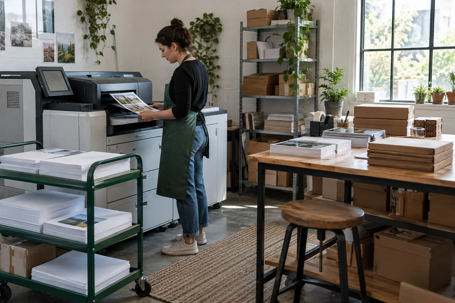 AI-generated illustration of a small printing workshop with an operator at a digital printer, a preparation trolley and a separate packing bench.