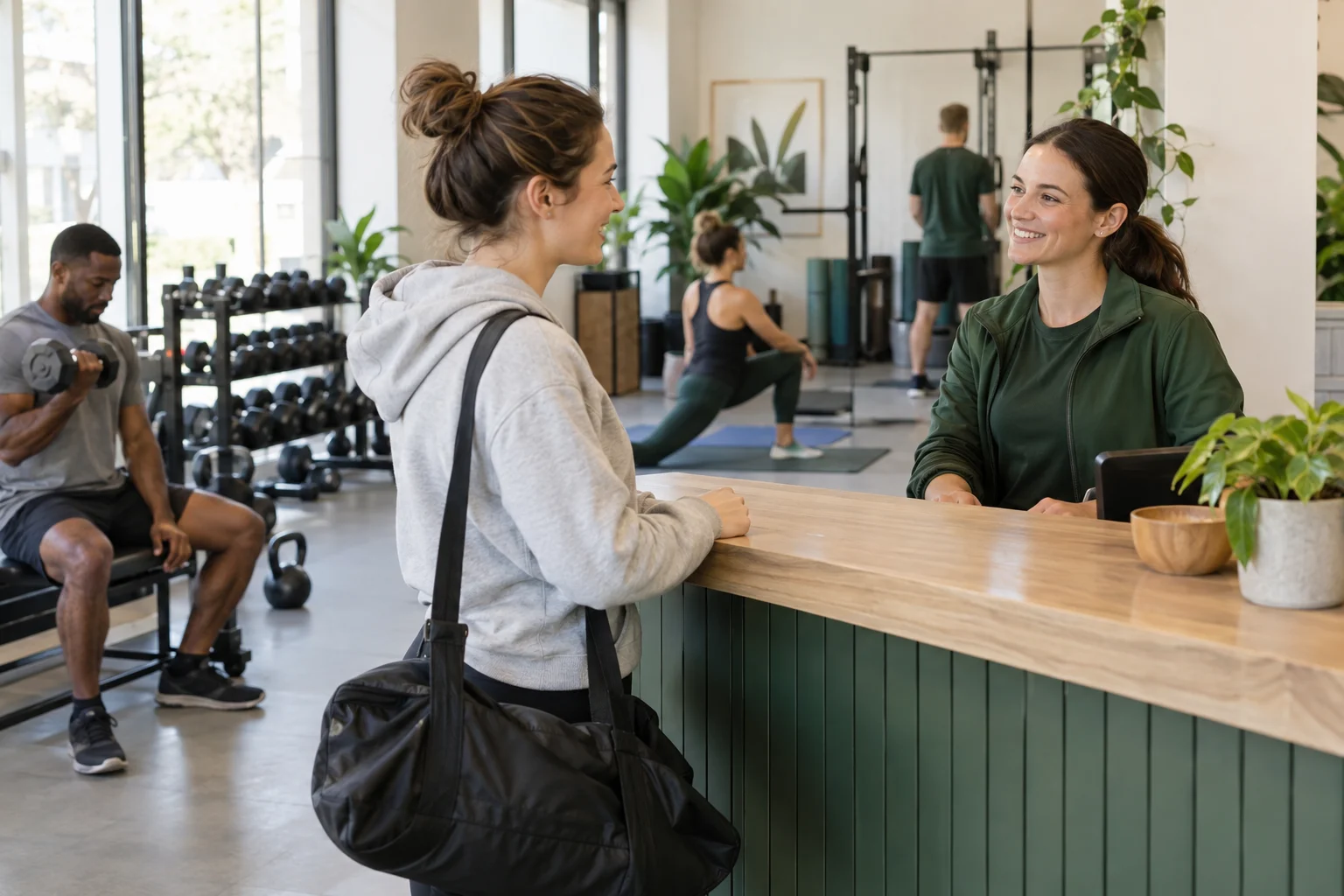 Il·lustració generada amb IA d'un responsable d'un centre de fitnes donant la benvinguda a un soci a recepció mentre altres adults fan exercici al fons.