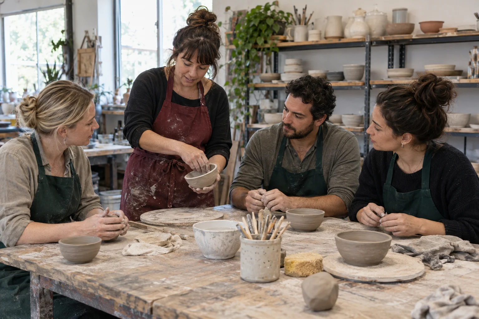 AI-generated illustration of an instructor demonstrating a clay bowl to three adult learners in a small pottery studio.